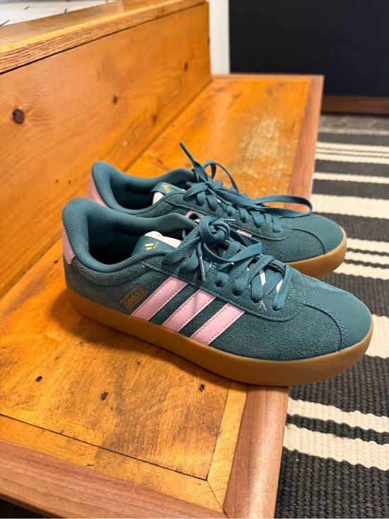 adidas Shoes - adidas Teal Suede Sneakers with Pink Stripes